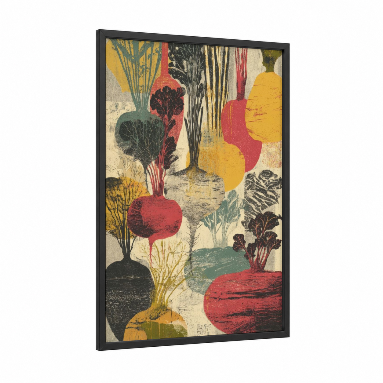 Garden Harvest framed vegetable print — black wood frame — red and yellow gold palette