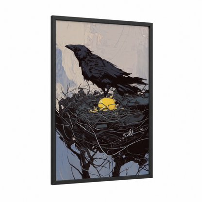 Nesting Raven framed crows and ravens print — black wood frame — black and yellow gold palette