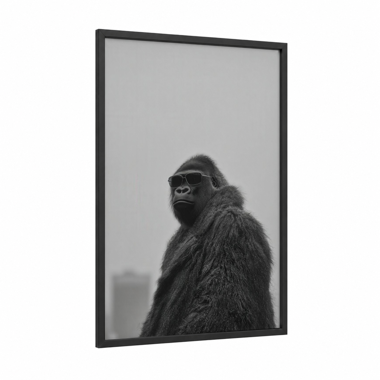 Cool Gorilla framed art print — black wood frame — black and white and gray palette