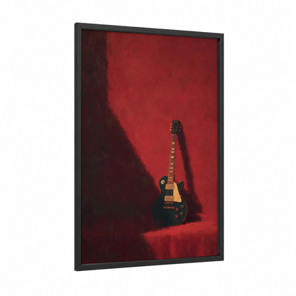 Crimson Stage Guitar framed electric guitar print — black wood frame — red and black palette