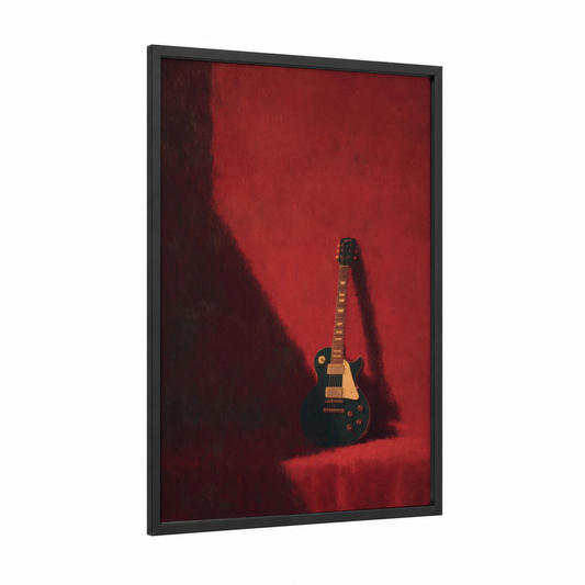 Crimson Stage Guitar framed electric guitar print — black wood frame — red and black palette