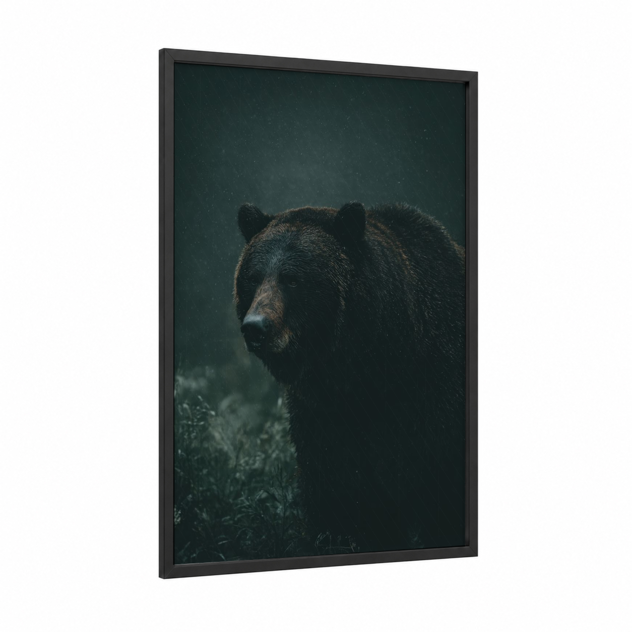 Stormy Grizzly framed grizzly bear print — black wood frame — black and dove gray palette