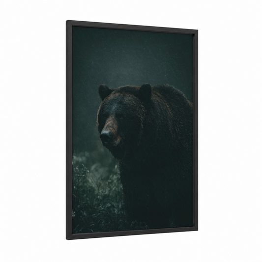 Stormy Grizzly framed grizzly bear print — black wood frame — black and dove gray palette