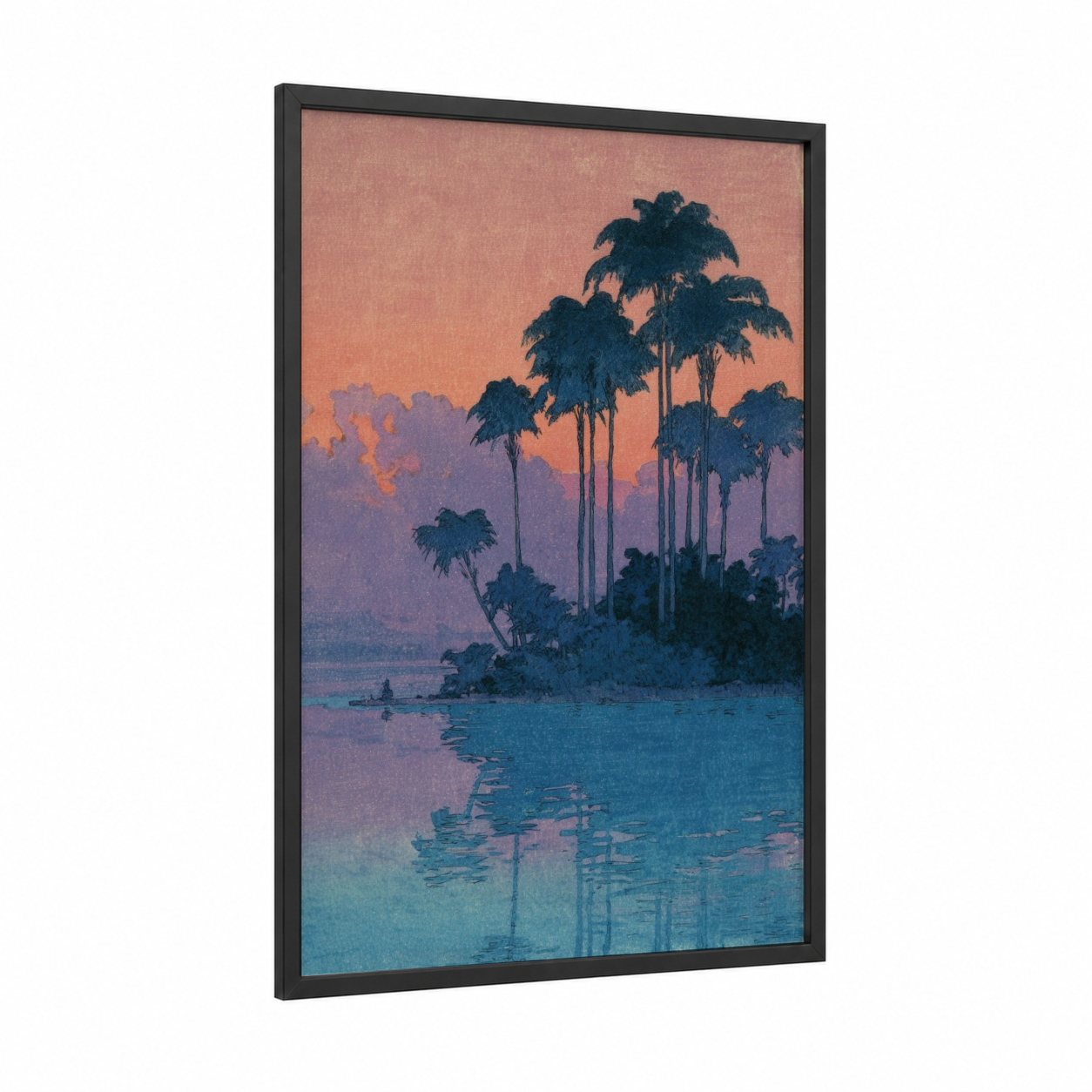 Tropical Island Sunset framed art print — black wood frame — peach and teal palette