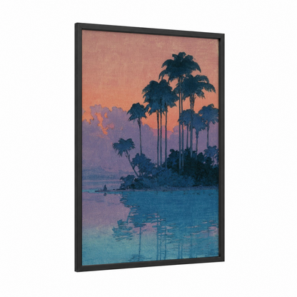 Tropical Island Sunset framed art print — black wood frame — peach and teal palette