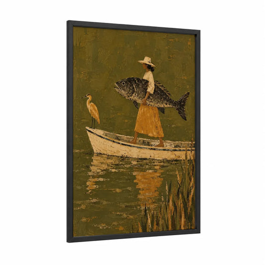 Woman Fishing With Heron Wall Art framed art print — black wood frame — olive and mustard palette