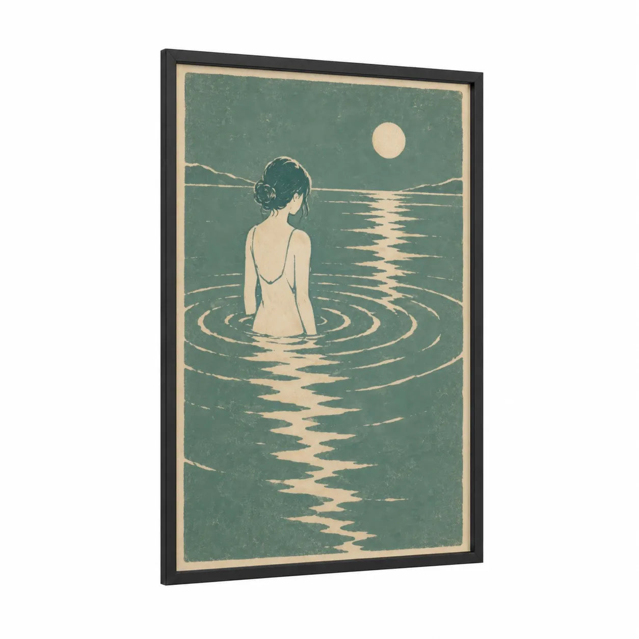 Moonlit Lake Bathing Wall Art framed lakes print — black wood frame — teal and cream palette