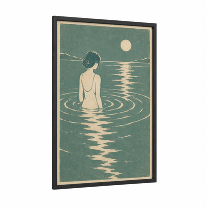 Moonlit Lake Bathing Wall Art framed lakes print — black wood frame — teal and cream palette