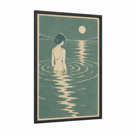 Moonlit Lake Bathing Wall Art framed lakes print — black wood frame — teal and cream palette