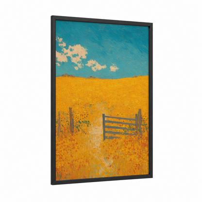 Golden Field Gate framed art print — black wood frame — yellow gold and blue palette