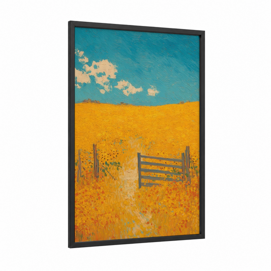 Golden Field Gate framed art print — black wood frame — yellow gold and blue palette