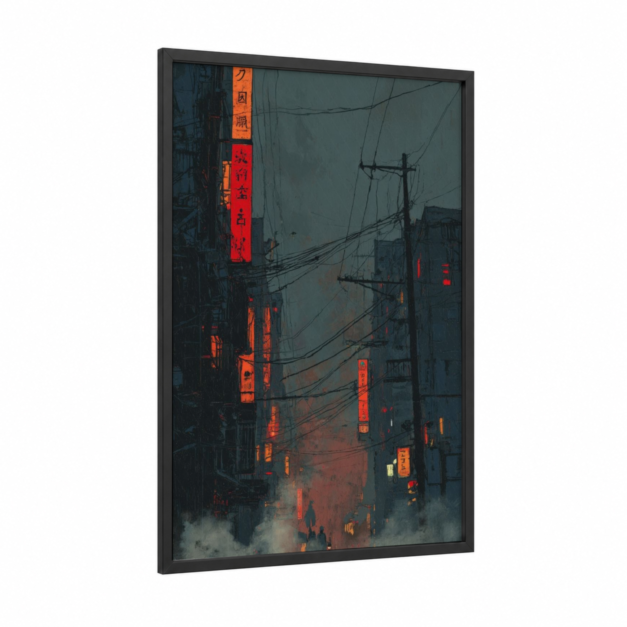 Neon Downtown framed sci-fi print — black wood frame — red and gray palette