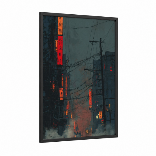 Neon Downtown framed sci-fi print — black wood frame — red and gray palette