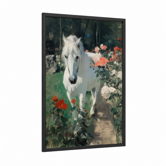 White Horse Garden framed andalusian horse print — black wood frame — white and green palette
