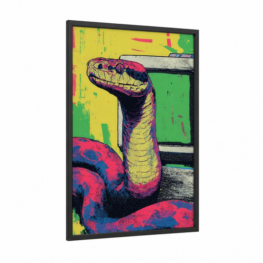 Neon Python framed art print — black wood frame — magenta and yellow gold palette