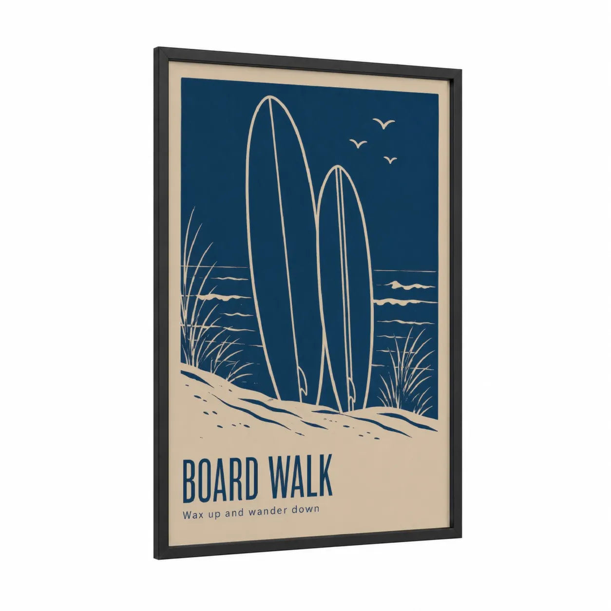 Vintage Surfboards Beach Scene Wall Art framed surfing print — black wood frame — blue and beige palette