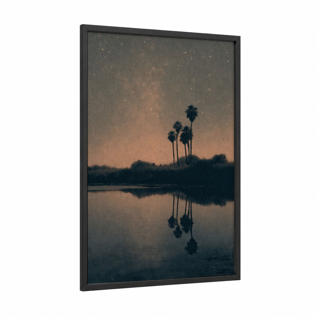 Starlit Oasis framed art print — black wood frame — black and gold and dark blue palette