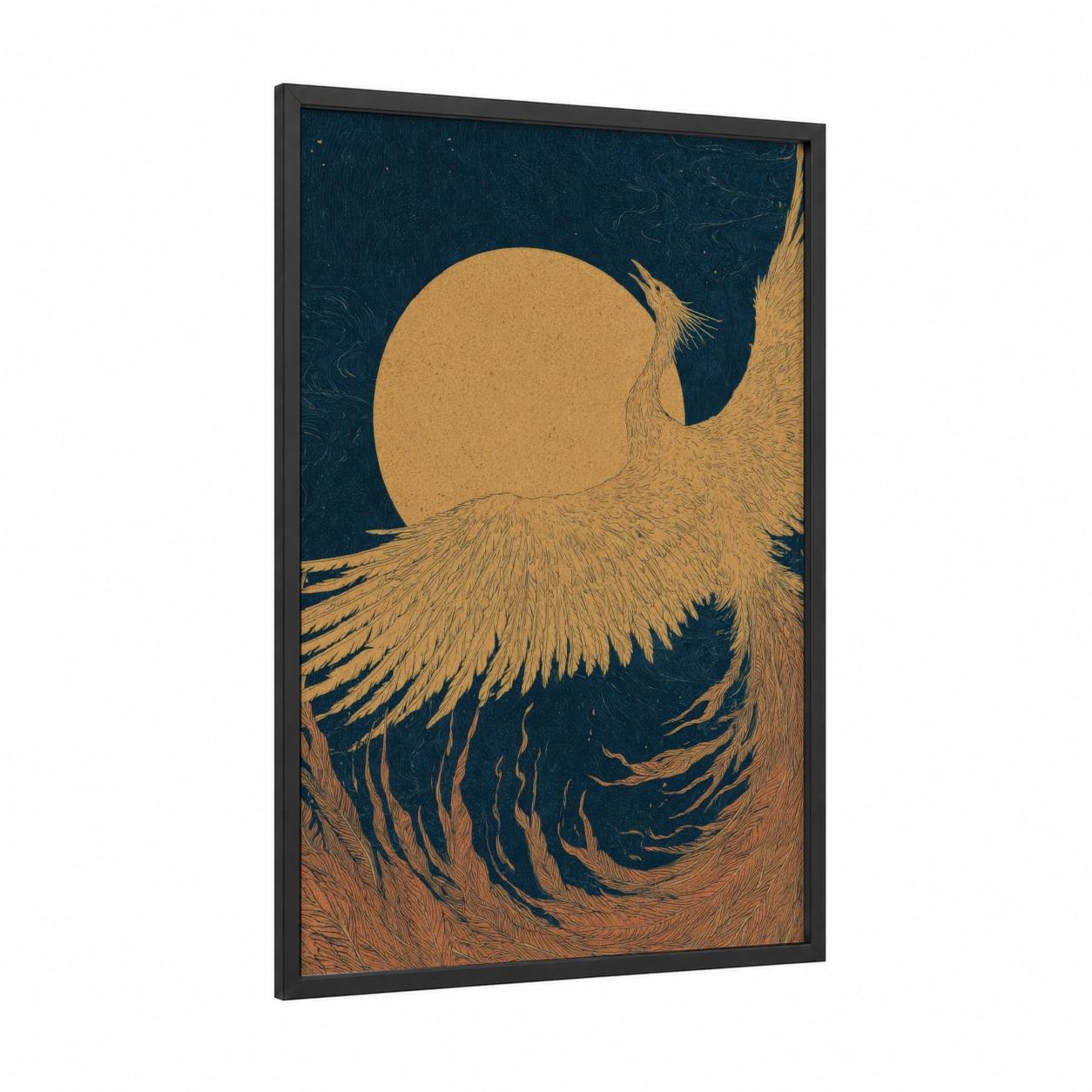 Golden Phoenix Rising framed the sun print — black wood frame — gold and dark blue palette