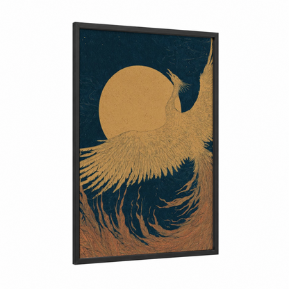 Golden Phoenix Rising framed the sun print — black wood frame — gold and dark blue palette