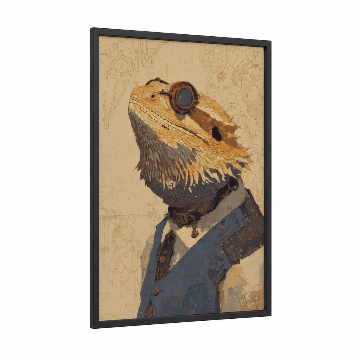 Steampunk Lizard framed art print — black wood frame — gold and blue palette