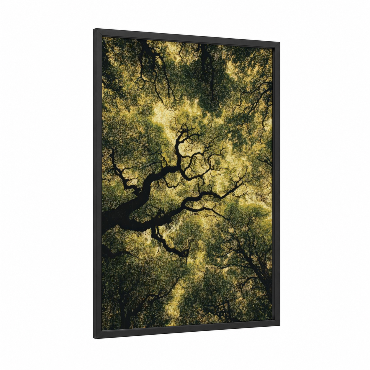Golden Oak Canopy framed oak forest print — black wood frame — gold and dark green palette