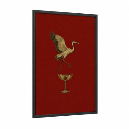 Golden Crane Cocktail Surrealism Wall Art framed art print — black wood frame — red and gold palette