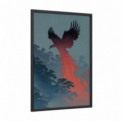 Crimson Phoenix Rising framed art print — black wood frame — teal and red palette