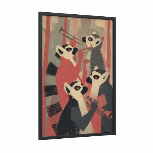 Jazz Lemurs framed art print — black wood frame — red and cream palette