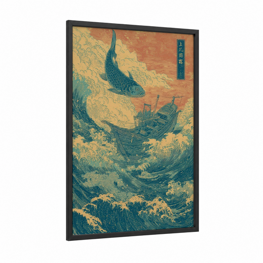 Leaping Tarpon framed art print — black wood frame — teal and cream palette