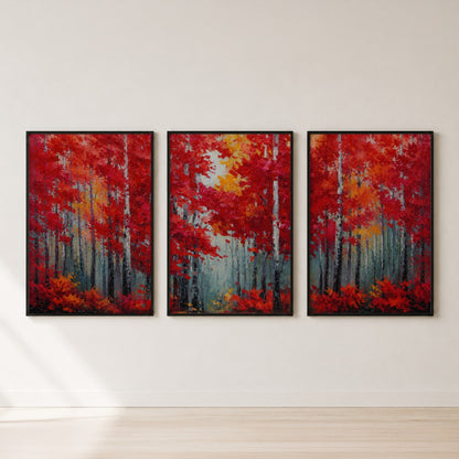 Red Autumn Forest Triptych Wall Art Set — set hero