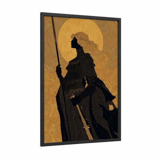 Silhouetted Warrior framed joan of arc print — black wood frame — gold and black palette