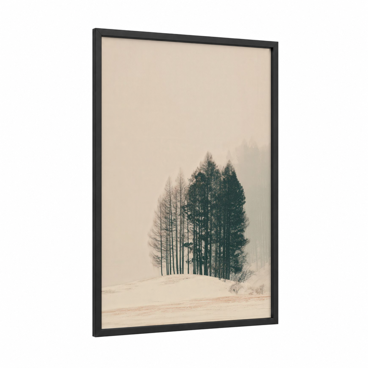 Misty Pine Forest framed art print — black wood frame — cream and dove gray palette