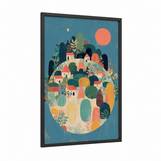Village Earth Day framed art print — black wood frame — teal and salmon pink palette