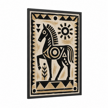 Geometric Horse With Sun Wall Art framed art print — black wood frame — black and white and beige palette