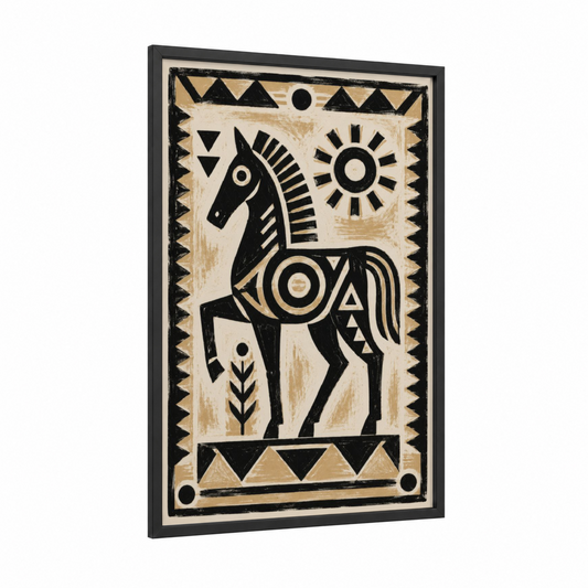 Geometric Horse With Sun Wall Art framed art print — black wood frame — black and white and beige palette
