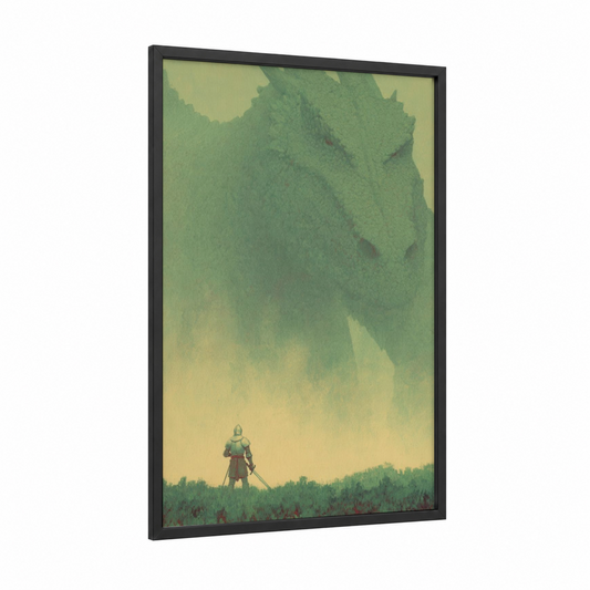 Giant Dragon Guardian framed art for boy print — black wood frame — sage green and cream palette