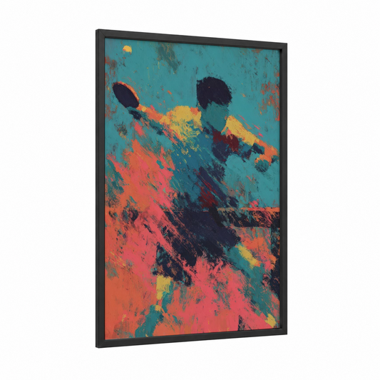 Dynamic Ping Pong framed table tennis print — black wood frame — teal and orange palette