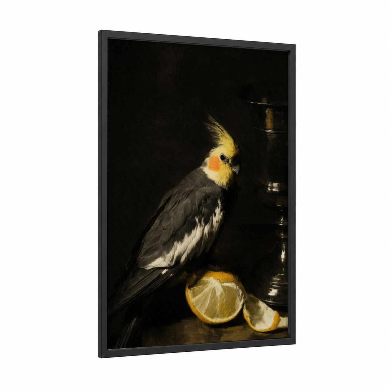 Citrus Cockatiel framed art print — black wood frame — black and gold palette