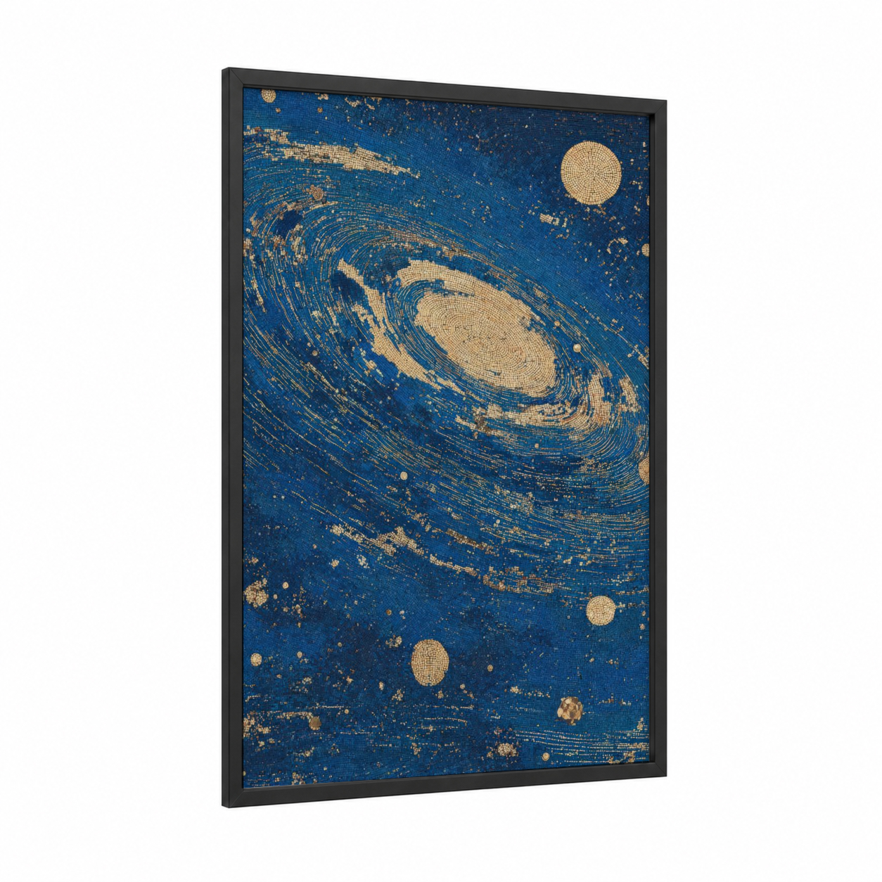 Golden Galaxy Spiral framed art print — black wood frame — blue and gold palette