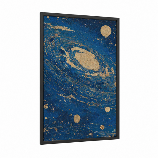 Golden Galaxy Spiral framed art print — black wood frame — blue and gold palette