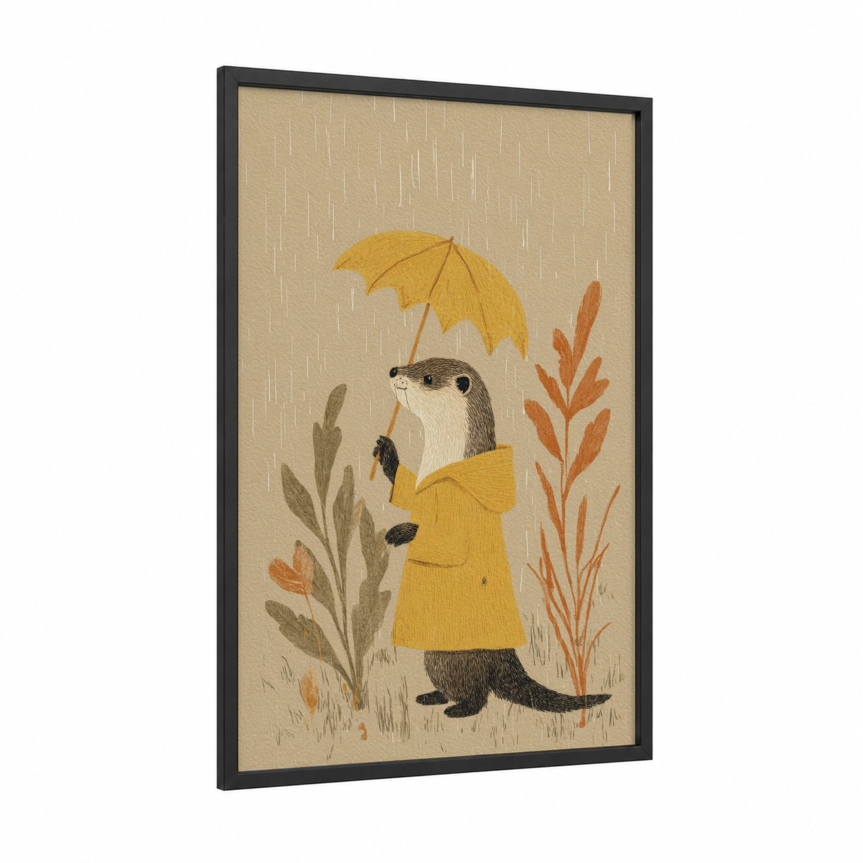 Rainy Day Weasel framed art print — black wood frame — gold and beige palette