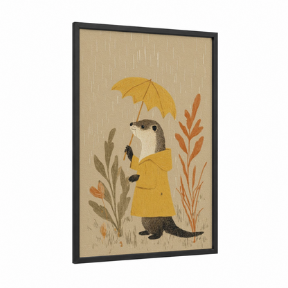 Rainy Day Weasel framed art print — black wood frame — gold and beige palette
