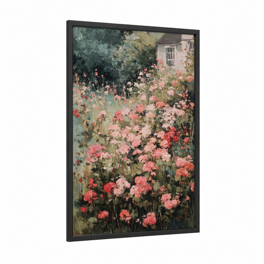 Cottage Geranium Garden framed art print — black wood frame — pink and sage green palette
