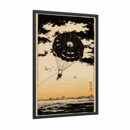 Skyward Parasail framed parasailing print — black wood frame — black and white and gold palette