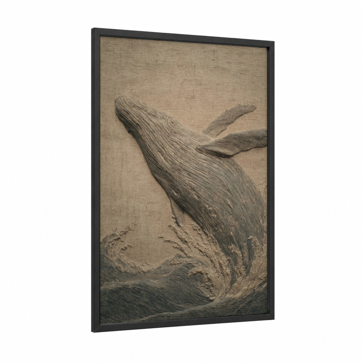 Leaping Whale Carving framed woodcarving print — black wood frame — beige and gray palette