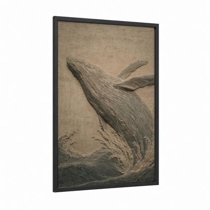 Leaping Whale Carving framed woodcarving print — black wood frame — beige and gray palette