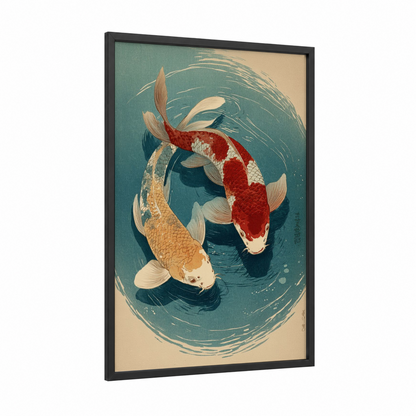 Tandem Koi Pair framed koi fish print — black wood frame — teal and gold palette