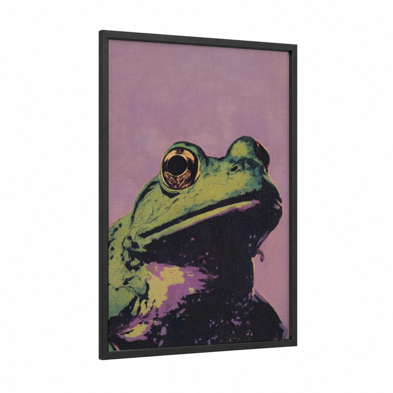 Purple Frog Portrait framed frogs and toads print — black wood frame — green and purple palette