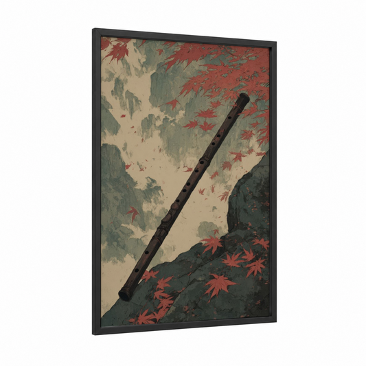 Autumn Flute framed art print — black wood frame — red and sage green palette