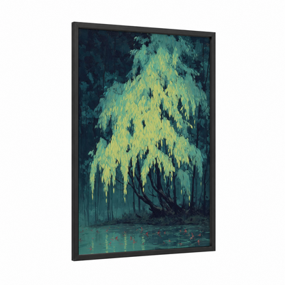 Luminous Willow framed willow tree print — black wood frame — yellow gold and teal palette